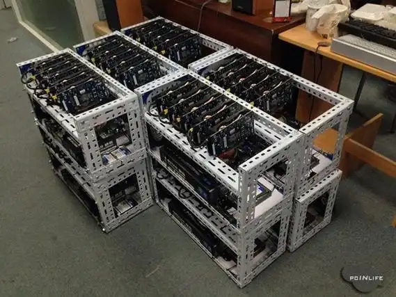 A sprawling cryptocurrency mining farm illuminated at night in India