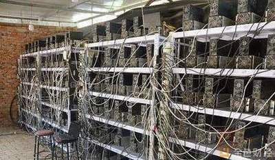High-efficiency Bitcoin mining farm with rows of cooling racks