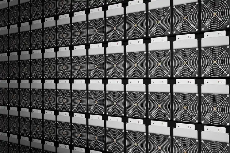 Large-scale mining farm with rows of ASIC miners under climate-controlled conditions